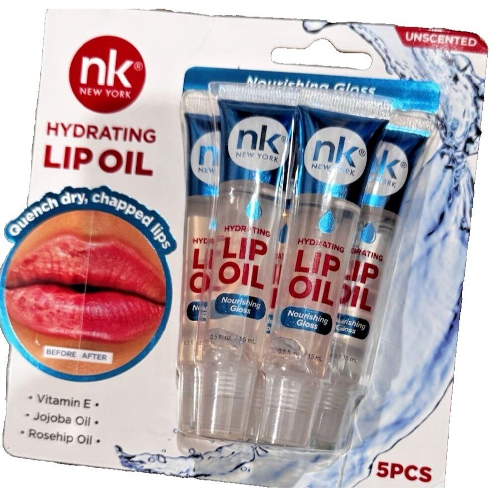 NK New York Hydrating Lip Oil 5 Pack Unscented Nourishing Gloss with Vitamin E
